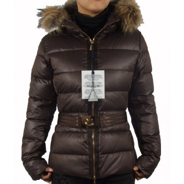 Moncler Fashion marrone Fur Cap cinturino e Zipper Donna Giacche uscita